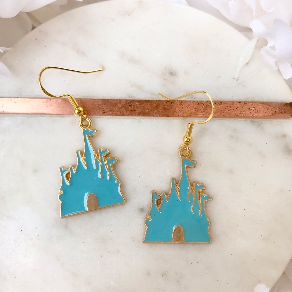 Disney Blue Cinderella’s Castle dangly earrings NWT
